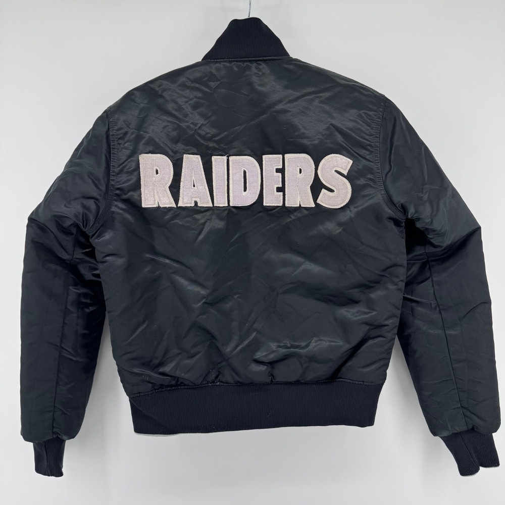 VTG 80's Starter Raiders Satin Jacket Small Reversible Bomber NFL Spellout - Picture 2 of 14